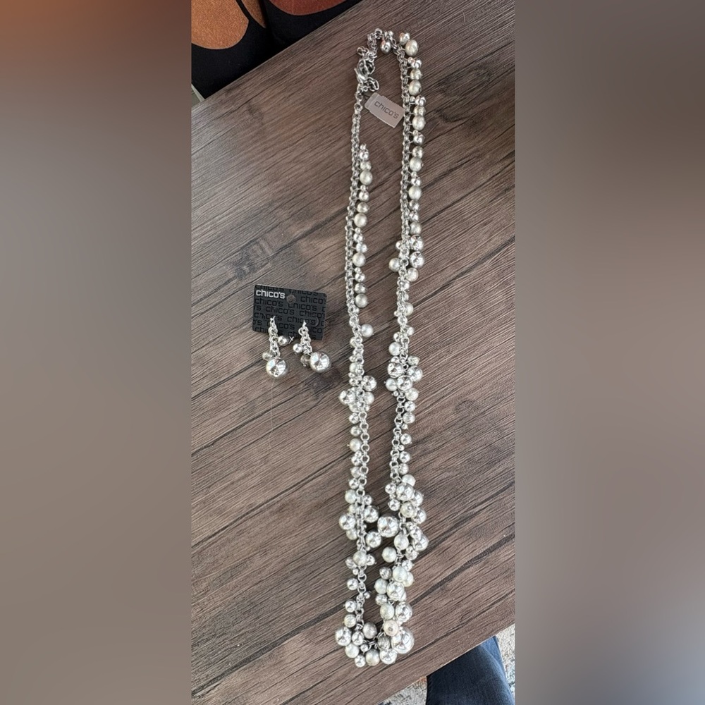 Chico's Silver Tumbled Bead Necklace with Matching Drop Earrings NWT